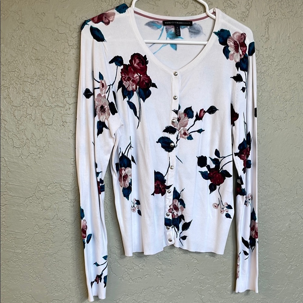 White House Black Market Floral Cardigan - White and Burgundy